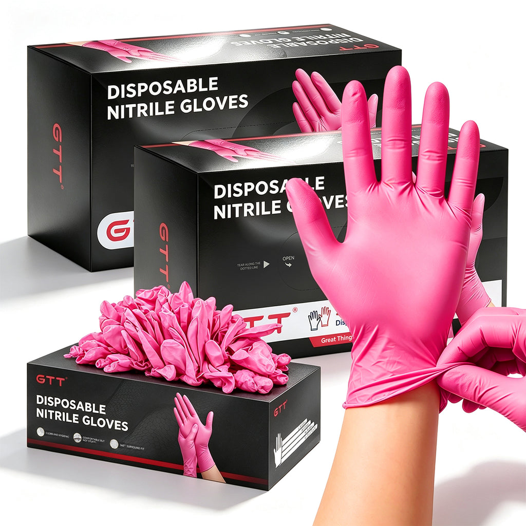 GTT Pink Nitrile Gloves, 4 Mil Disposable Gloves, Powder-Free & Latex-Free, 200 Count for Cleaning, Gardening, Pet Care, Crafts and Everyday Use