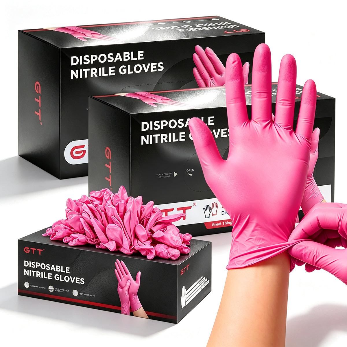 GTT Pink Nitrile Gloves, 4 Mil Disposable Gloves, Powder-Free & Latex-Free, 200 Count for Cleaning, Gardening, Pet Care, Crafts and Everyday Use
