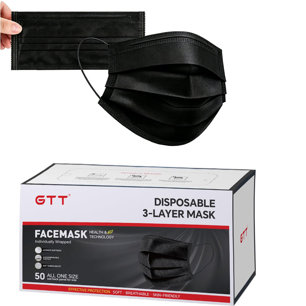3-Ply Flat Face Mask, Black – 3-Layer Non-Woven & Meltblown