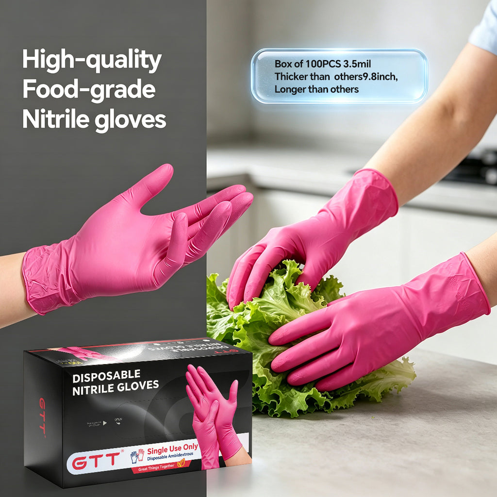 GTT Pink Nitrile Gloves, 4 Mil Disposable Gloves, Powder-Free & Latex-Free, 200 Count for Cleaning, Gardening, Pet Care, Crafts and Everyday Use