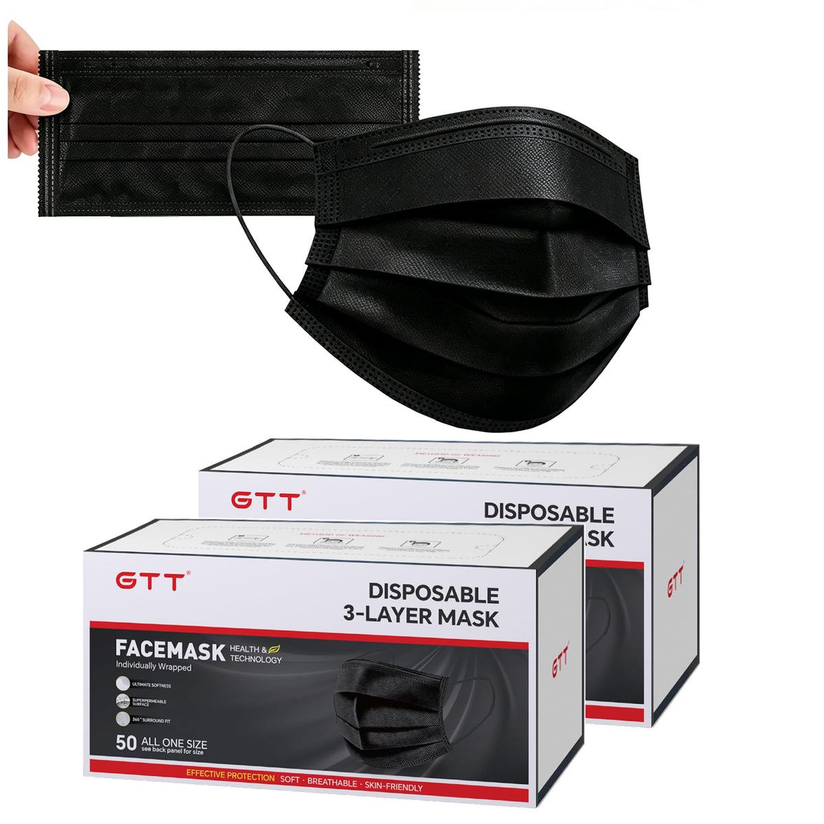 3-Ply Flat Face Mask, Black – 3-Layer Non-Woven & Meltblown