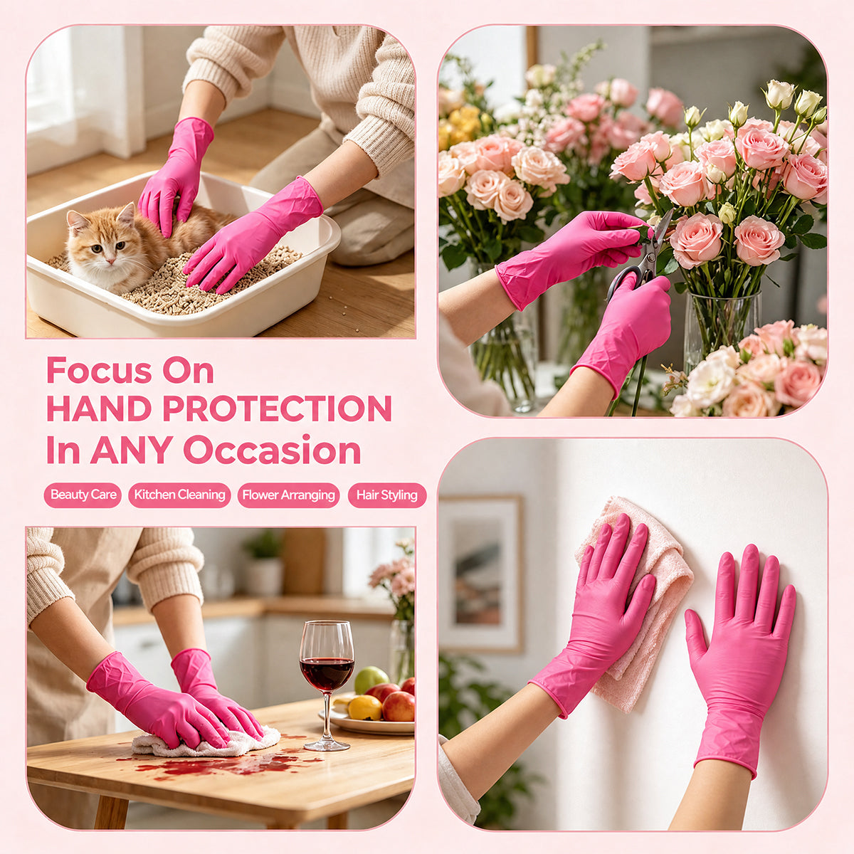 GTT Pink Nitrile Gloves, 4 Mil Disposable Gloves, Powder-Free & Latex-Free, 200 Count for Cleaning, Gardening, Pet Care, Crafts and Everyday Use