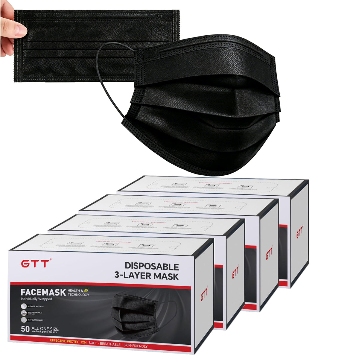 3-Ply Flat Face Mask, Black – 3-Layer Non-Woven & Meltblown