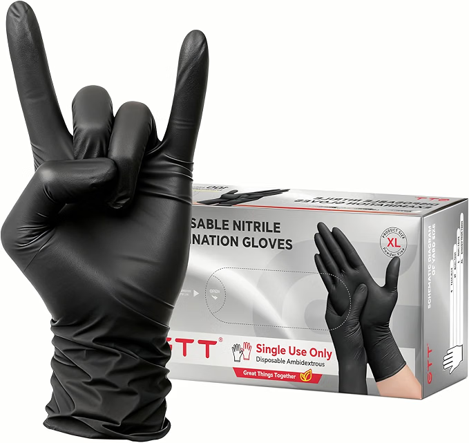GTT Black Nitrile Gloves, 4 Mil Disposable Gloves, Powder-Free & Latex-Free, 100 Count for Cleaning, Household Chores, Gardening and Everyday Protection