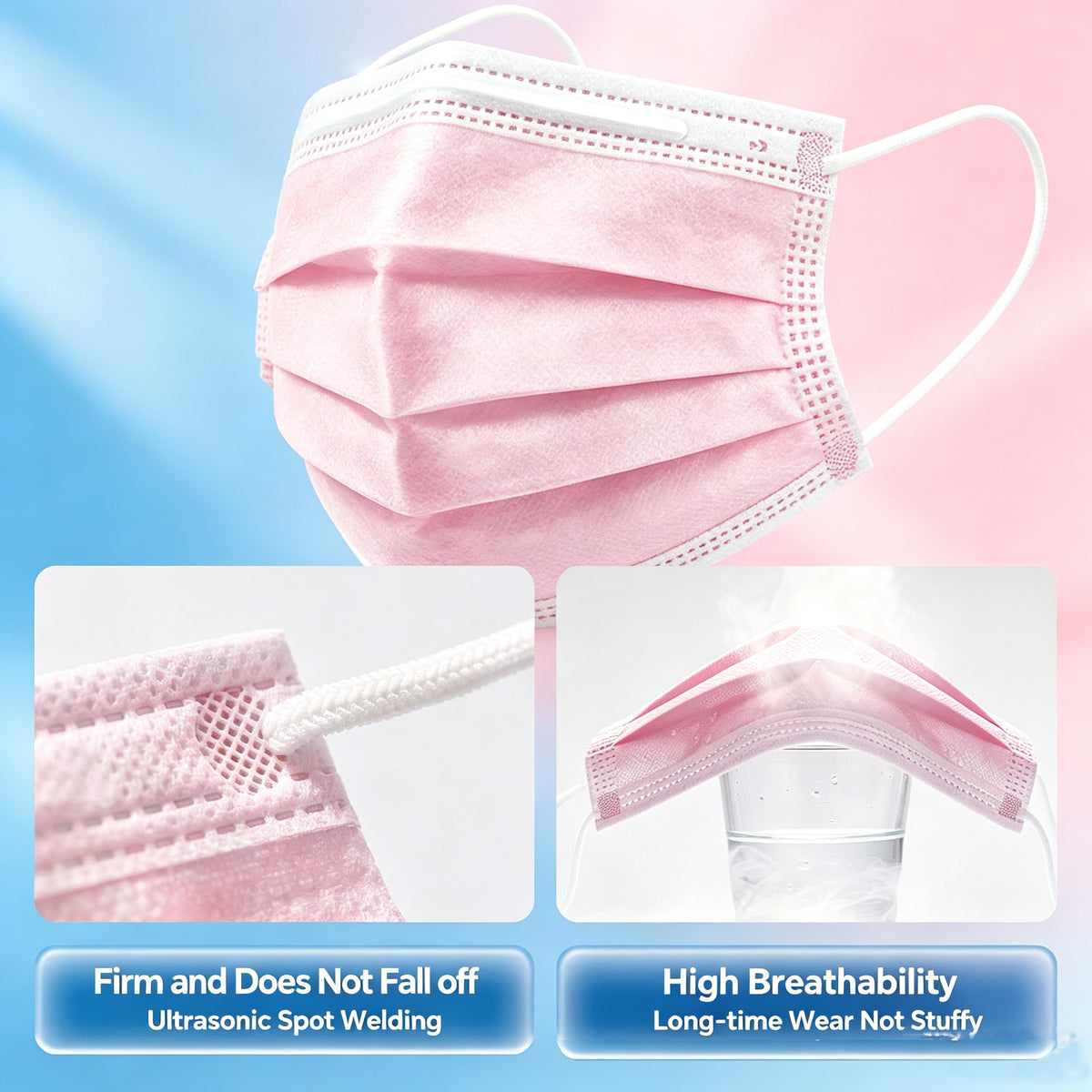 Shop pink 3-ply disposable face masks with non-woven outer, meltblown middle & absorbent inner. 50–100 masks bulk packs for women, families, travel & daily protection