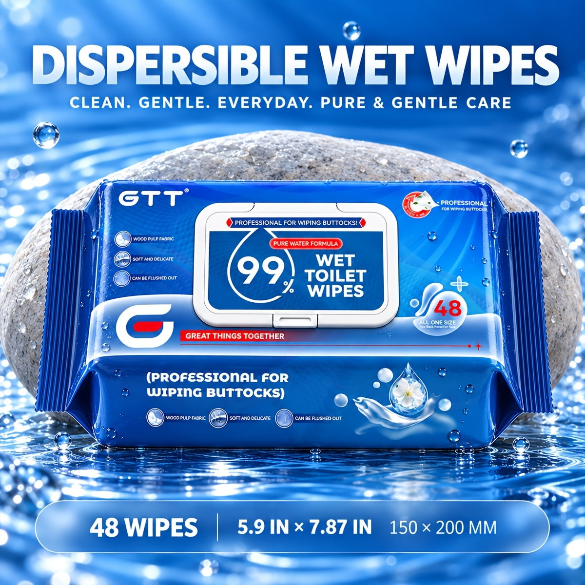 GTT Pure Water Flushable Wipes — 48 Count Unscented Plant-Based Wipes for Sensitive Skin, 15x20cm