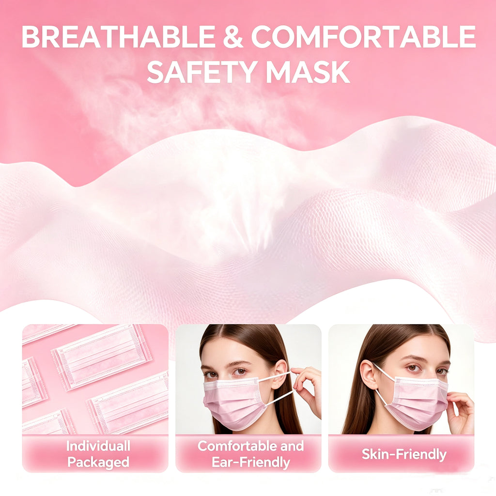 Shop pink 3-ply disposable face masks with non-woven outer, meltblown middle & absorbent inner. 50–100 masks bulk packs for women, families, travel & daily protection