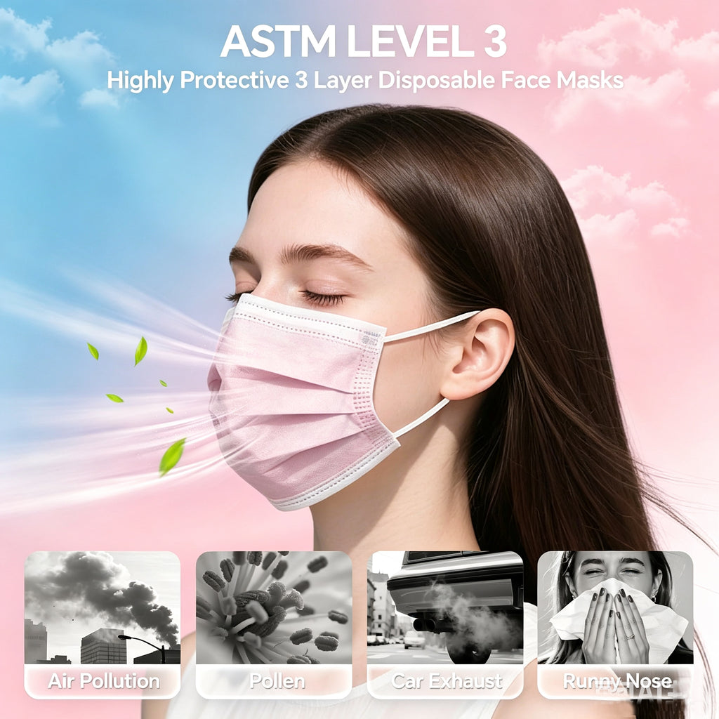 Shop pink 3-ply disposable face masks with non-woven outer, meltblown middle & absorbent inner. 50–100 masks bulk packs for women, families, travel & daily protection