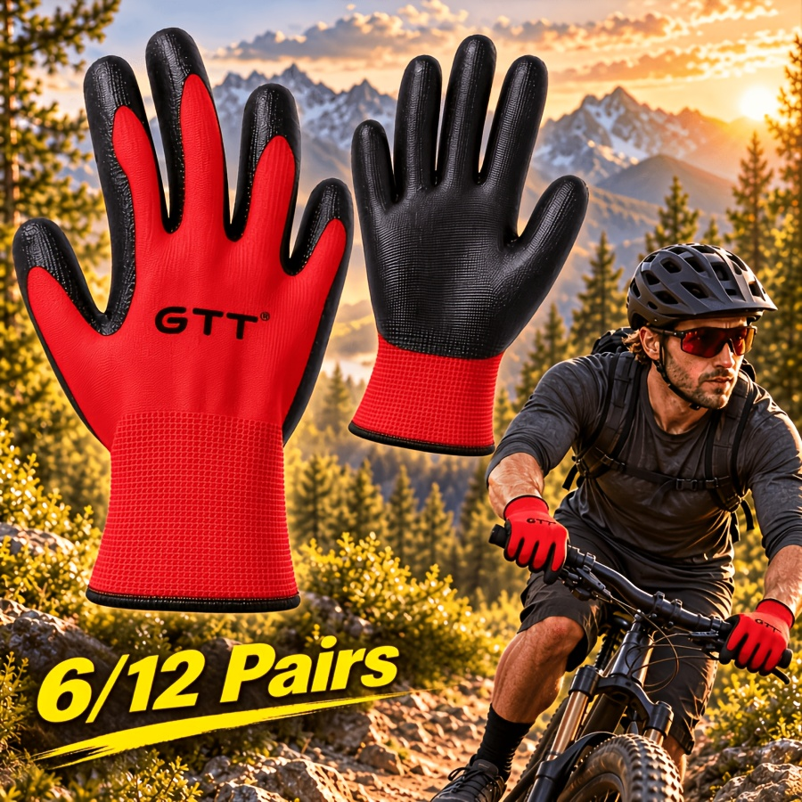 GTT Nitrile Coated Work Gloves — 6/12 Pairs, Red Black Safety Gloves for Work, Cycling, Gardening, DIY