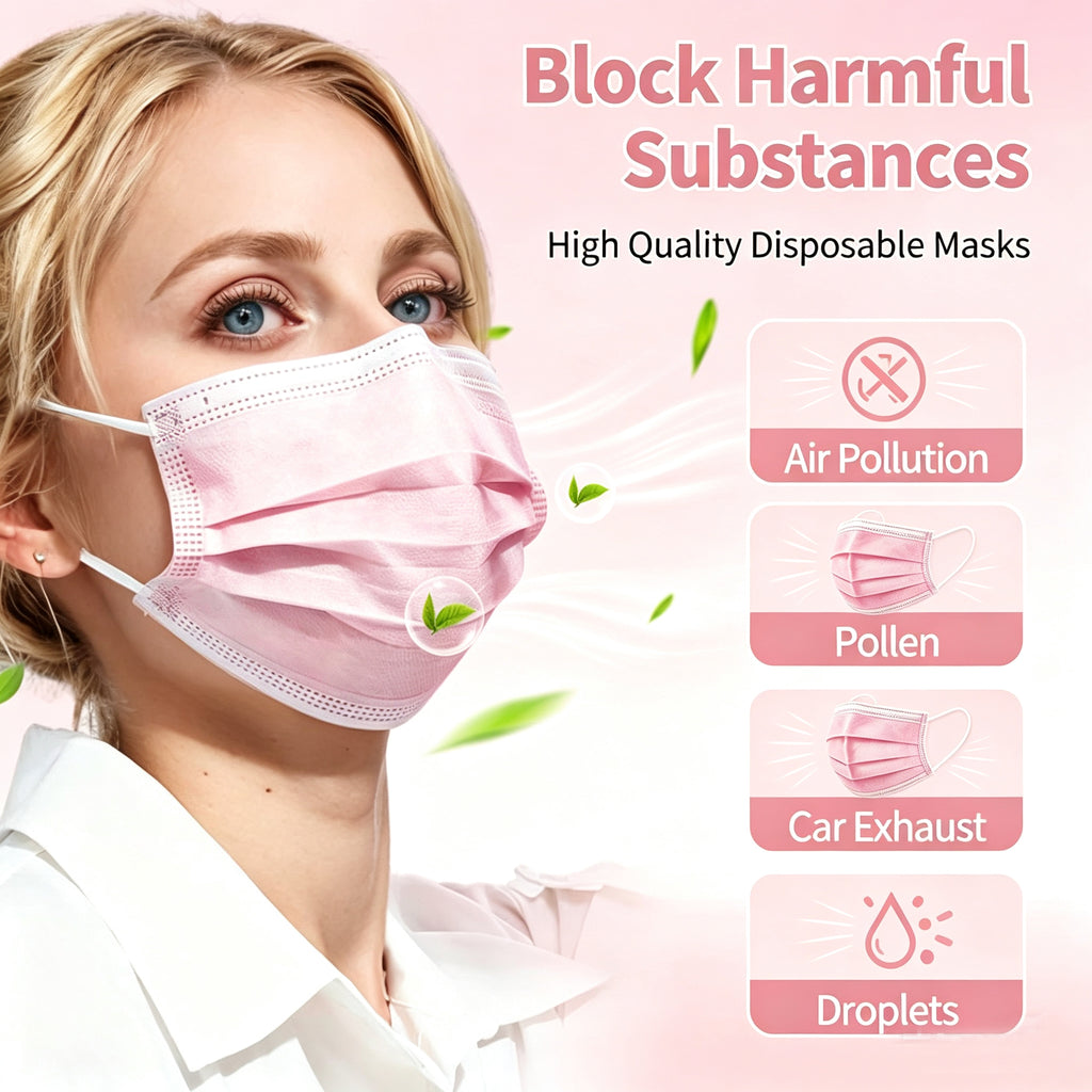 Shop pink 3-ply disposable face masks with non-woven outer, meltblown middle & absorbent inner. 50–100 masks bulk packs for women, families, travel & daily protection