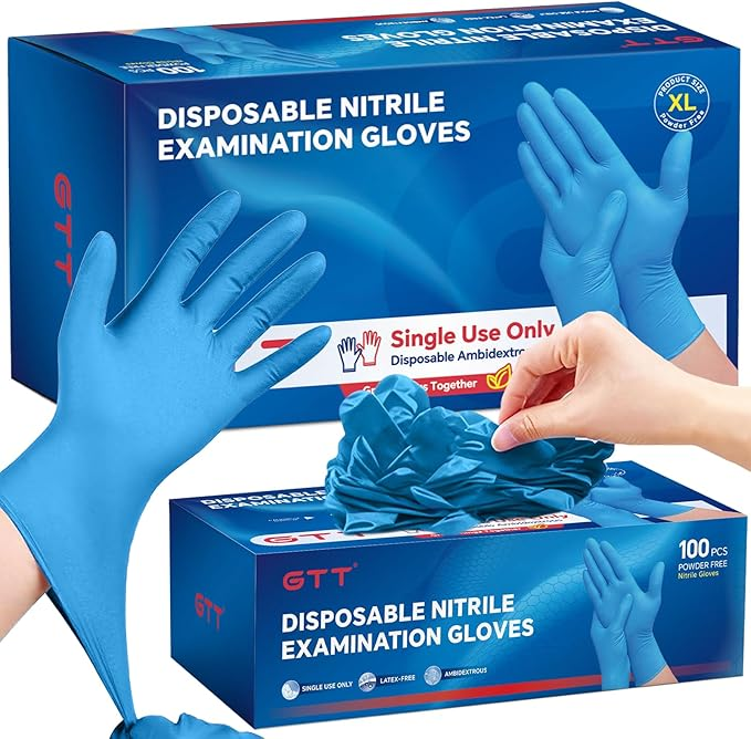 GTT Blue Nitrile Gloves, 4 Mil Disposable Food Prep Gloves, Powder-Free & Latex-Free, 100 Count for Cooking, Baking, BBQ and Kitchen