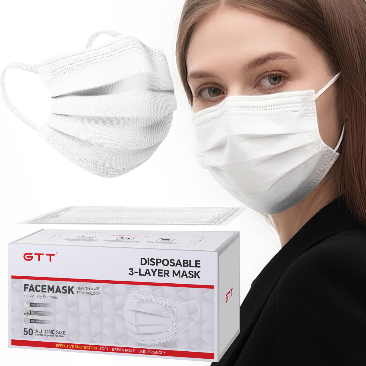 3-Ply Flat Face Mask, White – 3-Layer Non-Woven & Meltblown