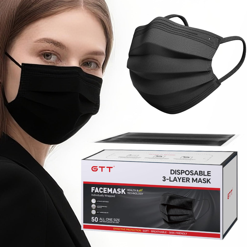 3-Ply Flat Face Mask, Black – 3-Layer Non-Woven & Meltblown