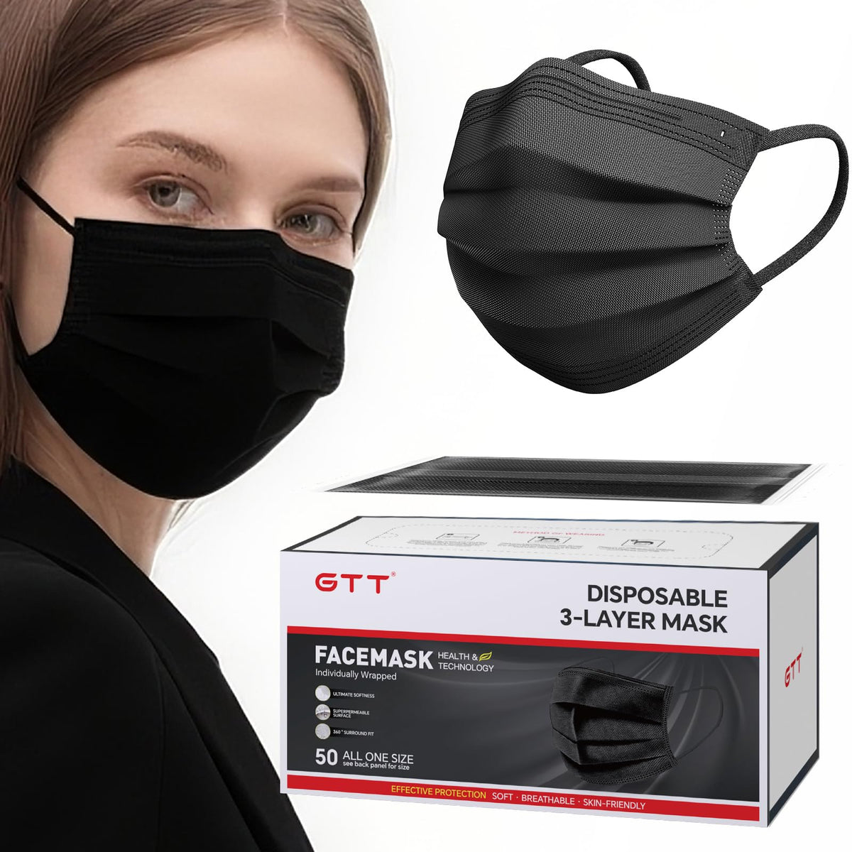 3-Ply Flat Face Mask, Black – 3-Layer Non-Woven & Meltblown