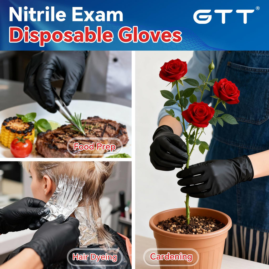 GTT Black Nitrile Gloves, 4 Mil Disposable Gloves, Powder-Free & Latex-Free, 100 Count for Cleaning, Household Chores, Gardening and Everyday Protection