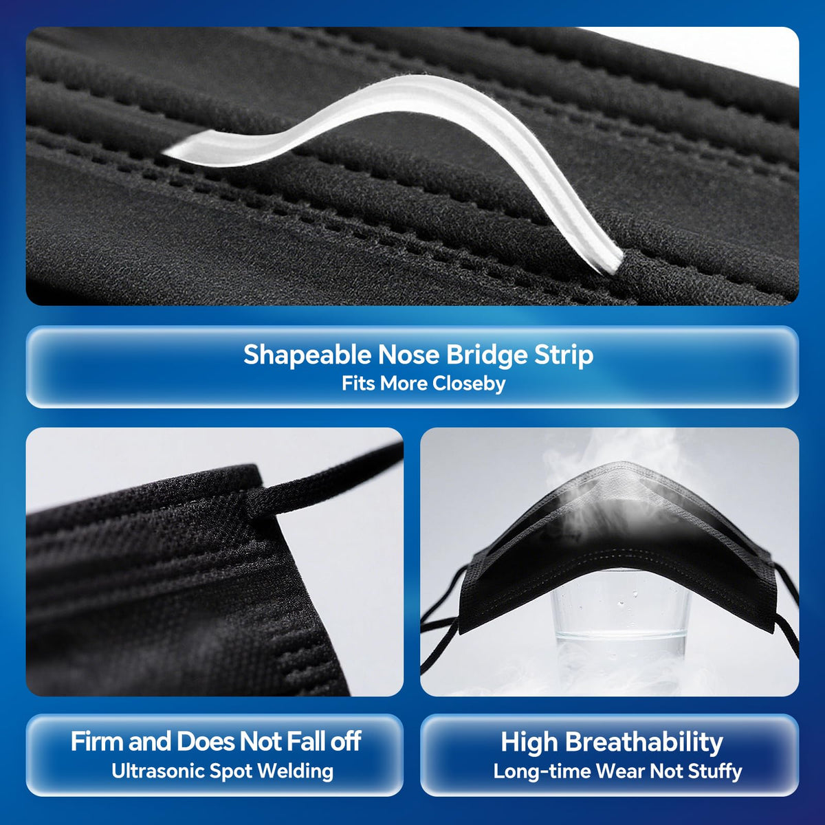 3-Ply Flat Face Mask, Black – 3-Layer Non-Woven & Meltblown