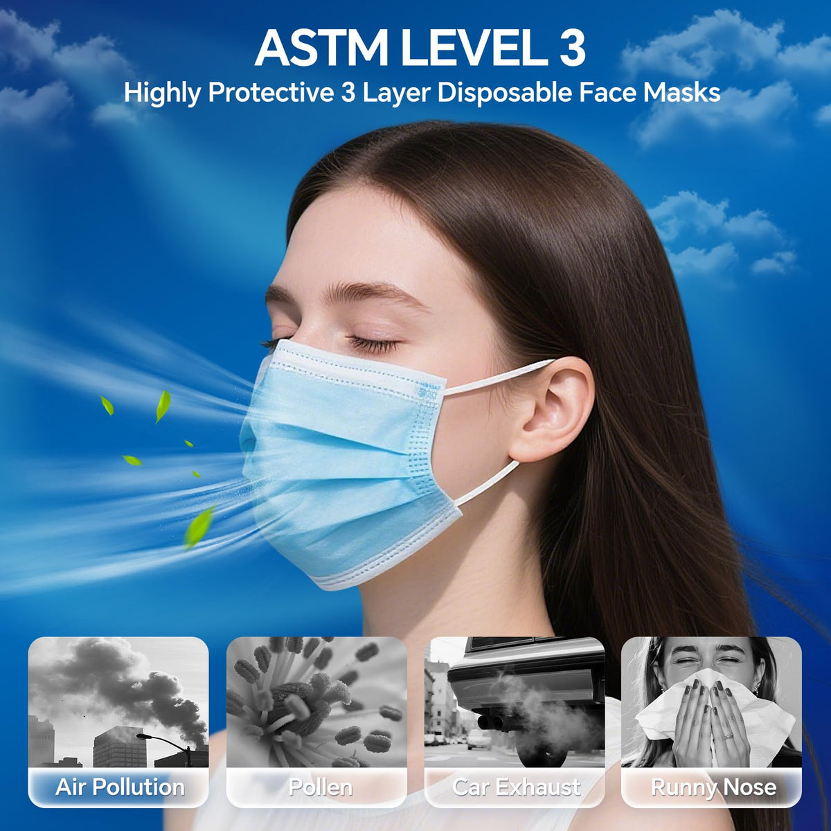 3-Ply Flat Face Mask, Light Blue – 3-Layer Non-Woven & Meltblown