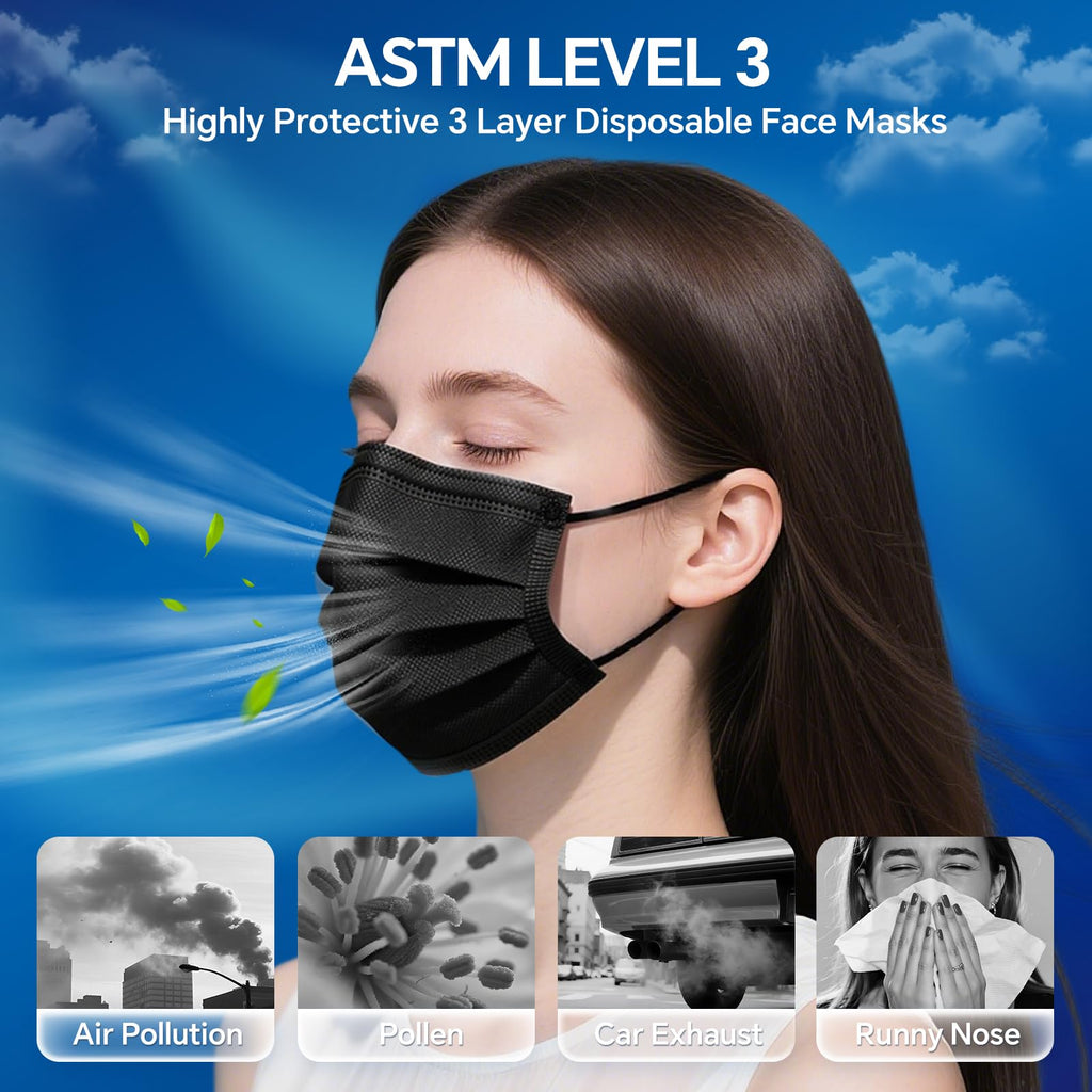 3-Ply Flat Face Mask, Black – 3-Layer Non-Woven & Meltblown