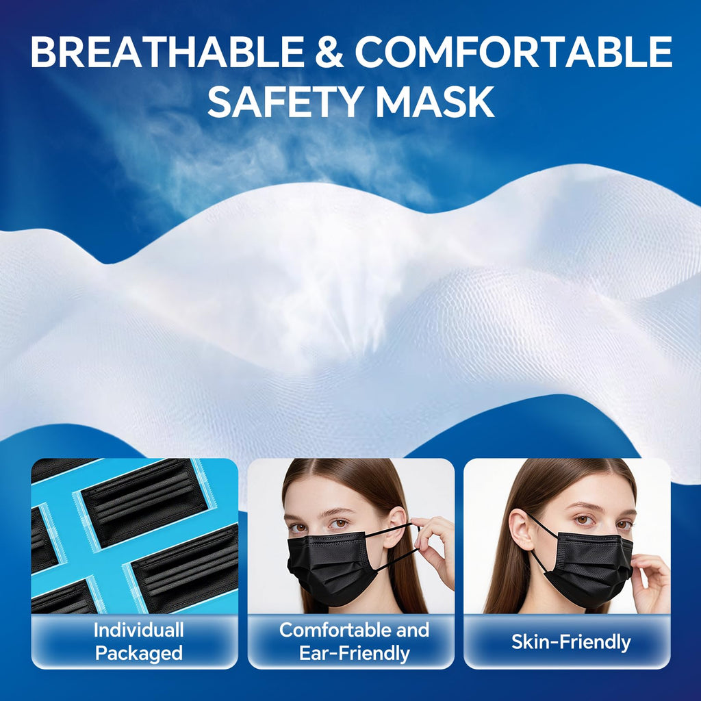 3-Ply Flat Face Mask, Black – 3-Layer Non-Woven & Meltblown